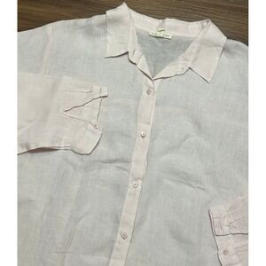 Eileen Fisher Pink Organic Linen Crinkle Classic Collar Button Up Shirt Sz L